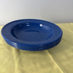 Blue & White Speckled Enamelware Cereal Bowls Set 5 Vintage Camping Farmhouse